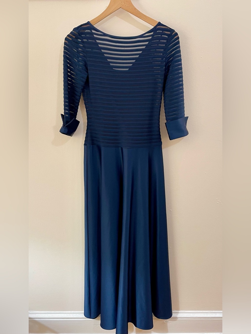 Vintage JS Collections Navy Sheer Stripe Satin Maxi Evening Dress 4P